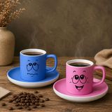 Bk Gift 2'li Mavi ve Pembe Renkli Emoji Yüz Tasarımlı Seramik Türk Kahvesi Fincanı Takımı-2
