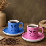 Bk Gift 2'li Mavi ve Pembe Renkli Emoji Yüz Tasarımlı Seramik Türk Kahvesi Fincanı Takımı-3