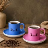 Bk Gift 2'li Mavi ve Pembe Renkli Emoji Yüz Tasarımlı Seramik Türk Kahvesi Fincanı Takımı-5