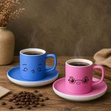 Bk Gift 2'li Mavi ve Pembe Renkli Emoji Yüz Tasarımlı Seramik Türk Kahvesi Fincanı Takımı-7