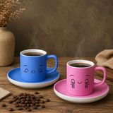 Bk Gift 2'li Mavi ve Pembe Renkli Emoji Yüz Tasarımlı Seramik Türk Kahvesi Fincanı Takımı-9