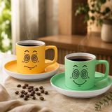 Bk Gift 2'li Sarı ve Yeşil Renkli Emoji Yüz Tasarımlı Seramik Türk Kahvesi Fincanı Takımı-1