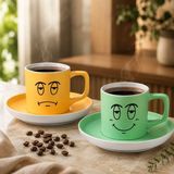 Bk Gift 2'li Sarı ve Yeşil Renkli Emoji Yüz Tasarımlı Seramik Türk Kahvesi Fincanı Takımı-3