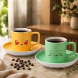 Bk Gift 2'li Sarı ve Yeşil Renkli Emoji Yüz Tasarımlı Seramik Türk Kahvesi Fincanı Takımı-4