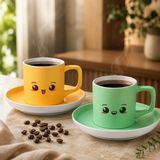 Bk Gift 2'li Sarı ve Yeşil Renkli Emoji Yüz Tasarımlı Seramik Türk Kahvesi Fincanı Takımı-5
