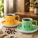 Bk Gift 2'li Sarı ve Yeşil Renkli Emoji Yüz Tasarımlı Seramik Türk Kahvesi Fincanı Takımı-9