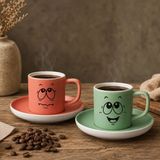 Bk Gift 2'li Somon ve Yeşil Renkli Emoji Yüz Tasarımlı Seramik Türk Kahvesi Fincanı Takımı-2