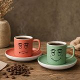 Bk Gift 2'li Somon ve Yeşil Renkli Emoji Yüz Tasarımlı Seramik Türk Kahvesi Fincanı Takımı-3