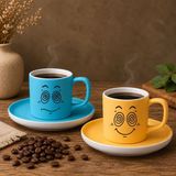 Bk Gift 2'li Turkuaz ve Sarı Renkli Emoji Yüz Tasarımlı Seramik Türk Kahvesi Fincanı Takımı-1