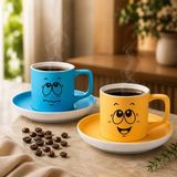 Bk Gift 2'li Turkuaz ve Sarı Renkli Emoji Yüz Tasarımlı Seramik Türk Kahvesi Fincanı Takımı-2