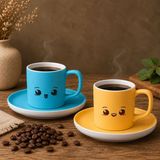 Bk Gift 2'li Turkuaz ve Sarı Renkli Emoji Yüz Tasarımlı Seramik Türk Kahvesi Fincanı Takımı-5