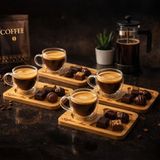 Bk Gift 8 Parça 4 Kişilik Çift Cidarlı Borosilikat Bardak ve Kişiye Özel Isimli Bambu Tabaklı Espresso Fincan Takımı - Renk - Renkli