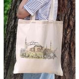 BK Gift Ayasofya Tasarımlı Kanvas Bez Çanta, Baskılı Omuz Çantası, Alışveriş Çantası, Plaj Çantası2 - Bej