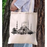 BK Gift Ayasofya Tasarımlı Kanvas Bez Çanta, Baskılı Omuz Çantası, Alışveriş Çantası, Plaj Çantası3 - Bej