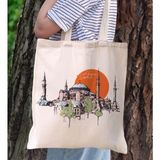 BK Gift Ayasofya Tasarımlı Kanvas Bez Çanta, Baskılı Omuz Çantası, Alışveriş Çantası, Plaj Çantası4 - Bej