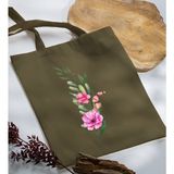Bk Gift Çiçek Tasarımlı-1 Haki Kumaş Bez Çanta Baskılı Omuz Çantası
