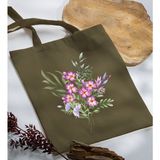 Bk Gift Çiçek Tasarımlı-3 Haki Kumaş Bez Çanta Baskılı Omuz Çantası
