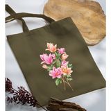 Bk Gift Çiçek Tasarımlı-4 Haki Kumaş Bez Çanta Baskılı Omuz Çantası