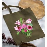 Bk Gift Çiçek Tasarımlı-6 Haki Kumaş Bez Çanta Baskılı Omuz Çantası