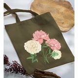 Bk Gift Çiçek Tasarımlı-7 Haki Kumaş Bez Çanta Baskılı Omuz Çantası