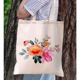 BK Gift Çiçek Tasarımlı Kanvas Bez Çanta, Baskılı Omuz Çantası, Alışveriş Çantası, Plaj Çantası10 - Bej