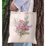 BK Gift Çiçek Tasarımlı Kanvas Bez Çanta, Baskılı Omuz Çantası, Alışveriş Çantası, Plaj Çantası3 - Bej