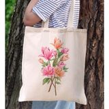 BK Gift Çiçek Tasarımlı Kanvas Bez Çanta, Baskılı Omuz Çantası, Alışveriş Çantası, Plaj Çantası4 - Bej
