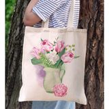 BK Gift Çiçek Tasarımlı Kanvas Bez Çanta, Baskılı Omuz Çantası, Alışveriş Çantası, Plaj Çantası5 - Bej