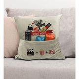 Bk Gift Eğlenceli Tasarımlı Organizer Kumanda ve Atıştırmalık Cepli Krem Kırlent Yastık- 11, Ev Dekoru, - 43 x 43 cm - Renkli