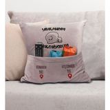 Bk Gift Eğlenceli Tasarımlı Organizer Kumanda ve Atıştırmalık Cepli Pembe Kırlent Yastık- 5, Ev Dekoru, - 43 x 43 cm - Renkli