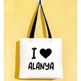 Bk Gift I Love Alanya Siyah Renkli Kulp Gabardin Bez Çanta 40X35CM, Baskılı Omuz Çantası, Alışveriş Çantası, Plaj Çantası - 40 x 35 cm