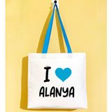 Bk Gift I Love Alanya Turkuaz Renkli Kulp Gabardin Bez Çanta 40X35CM, Baskılı Omuz Çantası, Alışveriş Çantası, Plaj Çantası - 40 x 35 cm