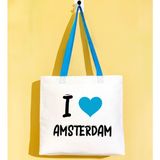 Bk Gift I Love Amsterdam Turkuaz Renkli Kulp Gabardin Bez Çanta 40X35CM, Baskılı Omuz Çantası, Alışveriş Çantası, Plaj Çantası - 40 x 35 cm