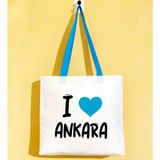 Bk Gift I Love Ankara Turkuaz Renkli Kulp Gabardin Bez Çanta 40X35CM, Baskılı Omuz Çantası, Alışveriş Çantası, Plaj Çantası - 40 x 35 cm