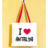 Bk Gift I Love Antalya Kırmızı Renkli Kulp Gabardin Bez Çanta 40X35CM, Baskılı Omuz Çantası, Alışveriş Çantası, Plaj Çantası - 40 x 35 cm