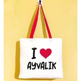 Bk Gift I Love Ayvalık Kırmızı Renkli Kulp Gabardin Bez Çanta 40X35CM, Baskılı Omuz Çantası, Alışveriş Çantası, Plaj Çantası - 40 x 35 cm