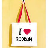 Bk Gift I Love Bodrum Kırmızı Renkli Kulp Gabardin Bez Çanta 40X35CM, Baskılı Omuz Çantası, Alışveriş Çantası, Plaj Çantası - 40 x 35 cm