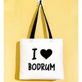 Bk Gift I Love Bodrum Siyah Renkli Kulp Gabardin Bez Çanta 40X35CM, Baskılı Omuz Çantası, Alışveriş Çantası, Plaj Çantası - 40 x 35 cm