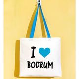 Bk Gift I Love Bodrum Turkuaz Renkli Kulp Gabardin Bez Çanta 40X35CM, Baskılı Omuz Çantası, Alışveriş Çantası, Plaj Çantası - 40 x 35 cm
