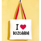 Bk Gift I Love Bozcaada Kırmızı Renkli Kulp Gabardin Bez Çanta 40X35CM, Baskılı Omuz Çantası, Alışveriş Çantası, Plaj Çantası - 40 x 35 cm