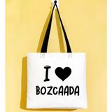 Bk Gift I Love Bozcaada Siyah Renkli Kulp Gabardin Bez Çanta 40X35CM, Baskılı Omuz Çantası, Alışveriş Çantası, Plaj Çantası - 40 x 35 cm
