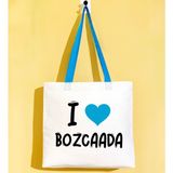 Bk Gift I Love Bozcaada Turkuaz Renkli Kulp Gabardin Bez Çanta 40X35CM, Baskılı Omuz Çantası, Alışveriş Çantası, Plaj Çantası - 40 x 35 cm