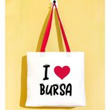 Bk Gift I Love Bursa Kırmızı Renkli Kulp Gabardin Bez Çanta 40X35CM, Baskılı Omuz Çantası, Alışveriş Çantası, Plaj Çantası - 40 x 35 cm
