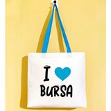 Bk Gift I Love Bursa Turkuaz Renkli Kulp Gabardin Bez Çanta 40X35CM, Baskılı Omuz Çantası, Alışveriş Çantası, Plaj Çantası - 40 x 35 cm