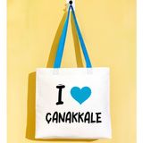 Bk Gift I Love Çanakkale Turkuaz Renkli Kulp Gabardin Bez Çanta 40X35CM, Baskılı Omuz Çantası, Alışveriş Çantası, Plaj Çantası - 40 x 35 cm
