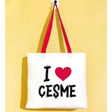 Bk Gift I Love Çeşme Kırmızı Renkli Kulp Gabardin Bez Çanta 40X35CM, Baskılı Omuz Çantası, Alışveriş Çantası, Plaj Çantası - 40 x 35 cm
