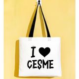 Bk Gift I Love Çeşme Siyah Renkli Kulp Gabardin Bez Çanta 40X35CM, Baskılı Omuz Çantası, Alışveriş Çantası, Plaj Çantası - 40 x 35 cm