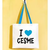 Bk Gift I Love Çeşme Turkuaz Renkli Kulp Gabardin Bez Çanta 40X35CM, Baskılı Omuz Çantası, Alışveriş Çantası, Plaj Çantası - 40 x 35 cm
