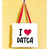 Bk Gift I Love Datça Kırmızı Renkli Kulp Gabardin Bez Çanta 40X35CM, Baskılı Omuz Çantası, Alışveriş Çantası, Plaj Çantası - 40 x 35 cm
