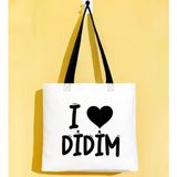 Bk Gift I Love Didim Siyah Renkli Kulp Gabardin Bez Çanta 40X35CM, Baskılı Omuz Çantası, Alışveriş Çantası, Plaj Çantası - 40 x 35 cm